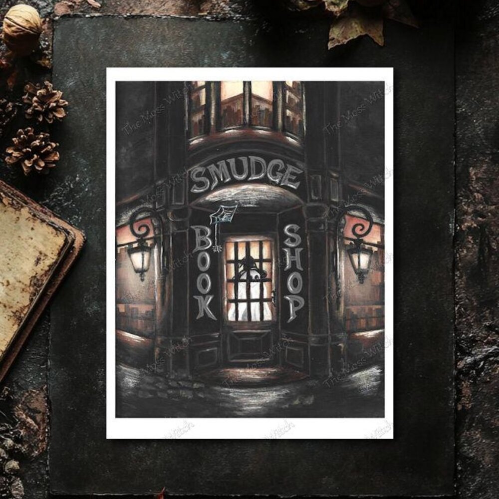 8x10 Fine Art Print, Haunted Bookshop Painting, "Smudge Bookshop" Ghost Spooky
